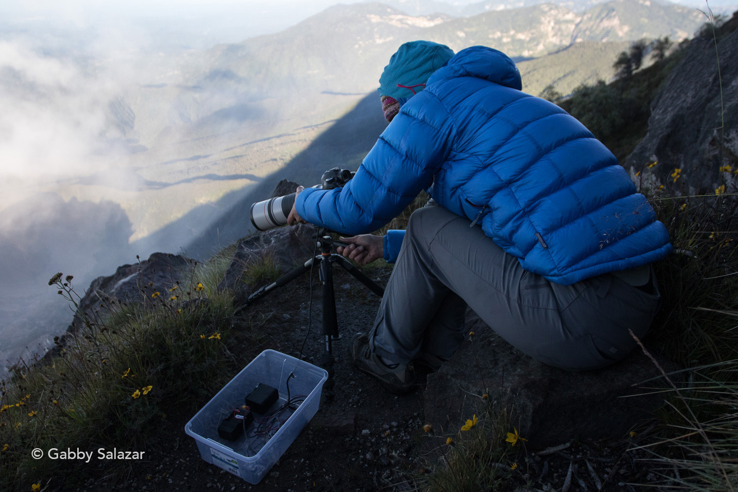 Stephanie, setting up photogrammetry equipment on the summit of Volcán Santa Maria.